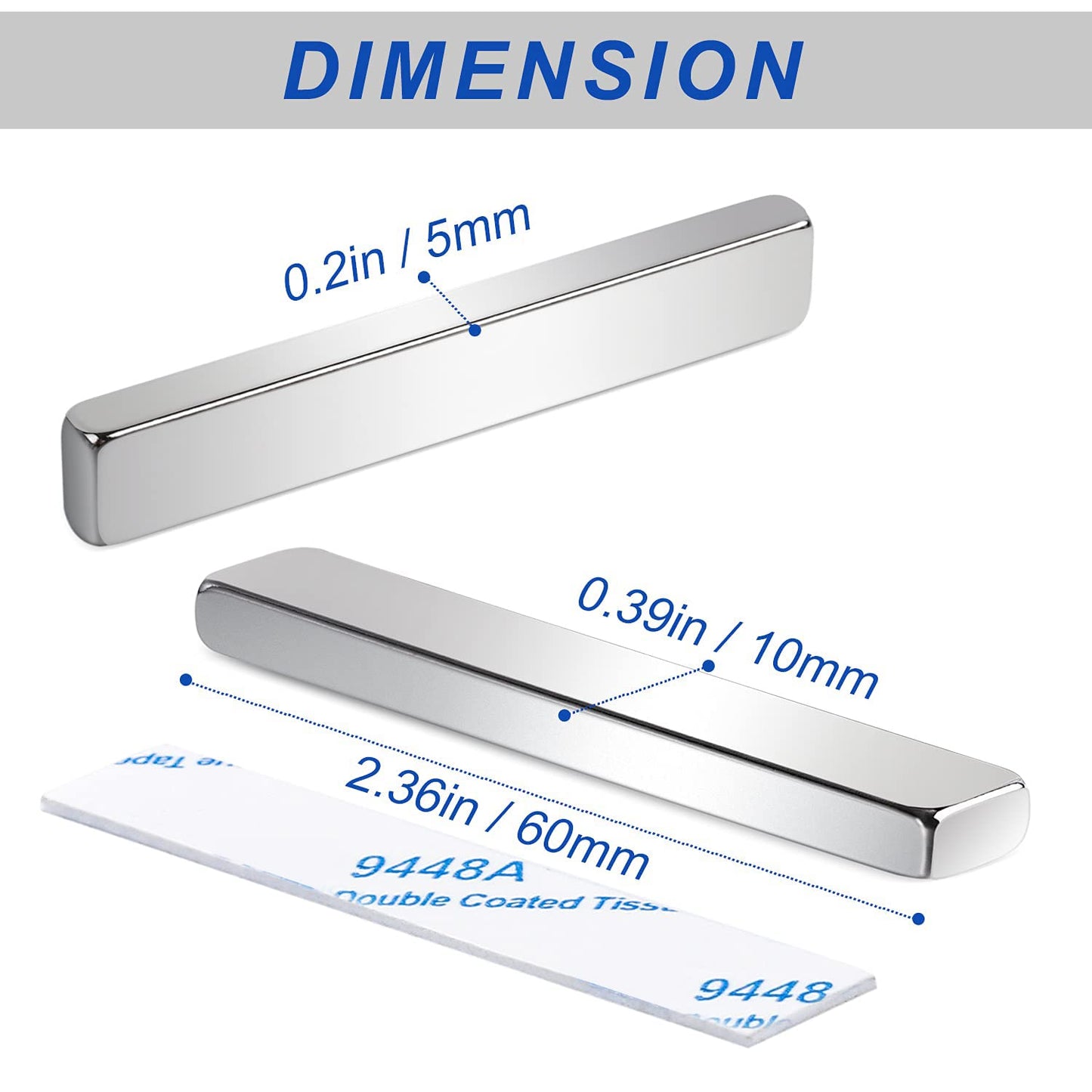 12 Pack Neodymium Bar Magnets with Double-Sided Adhesive, Strong Magnet Heavy Duty Magnetic Strips, Powerful Rare Earth Metal Magnet for Locker, Fridge, Office - 60x10x5 mm