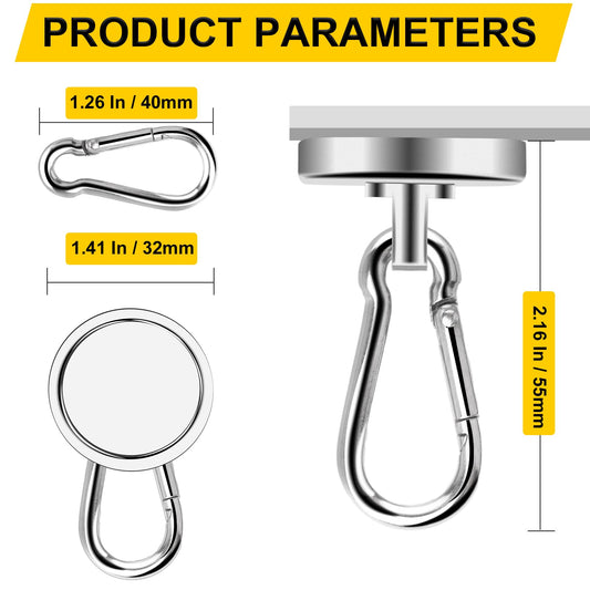 DIYMAG Magnetic Hooks, 110LBS Strong Heavy Duty Neodymium Magnet Hooks with Swivel Carabiner Hook,Great for Your Refrigerator and Other Magnetic Surfaces, Pack of 7