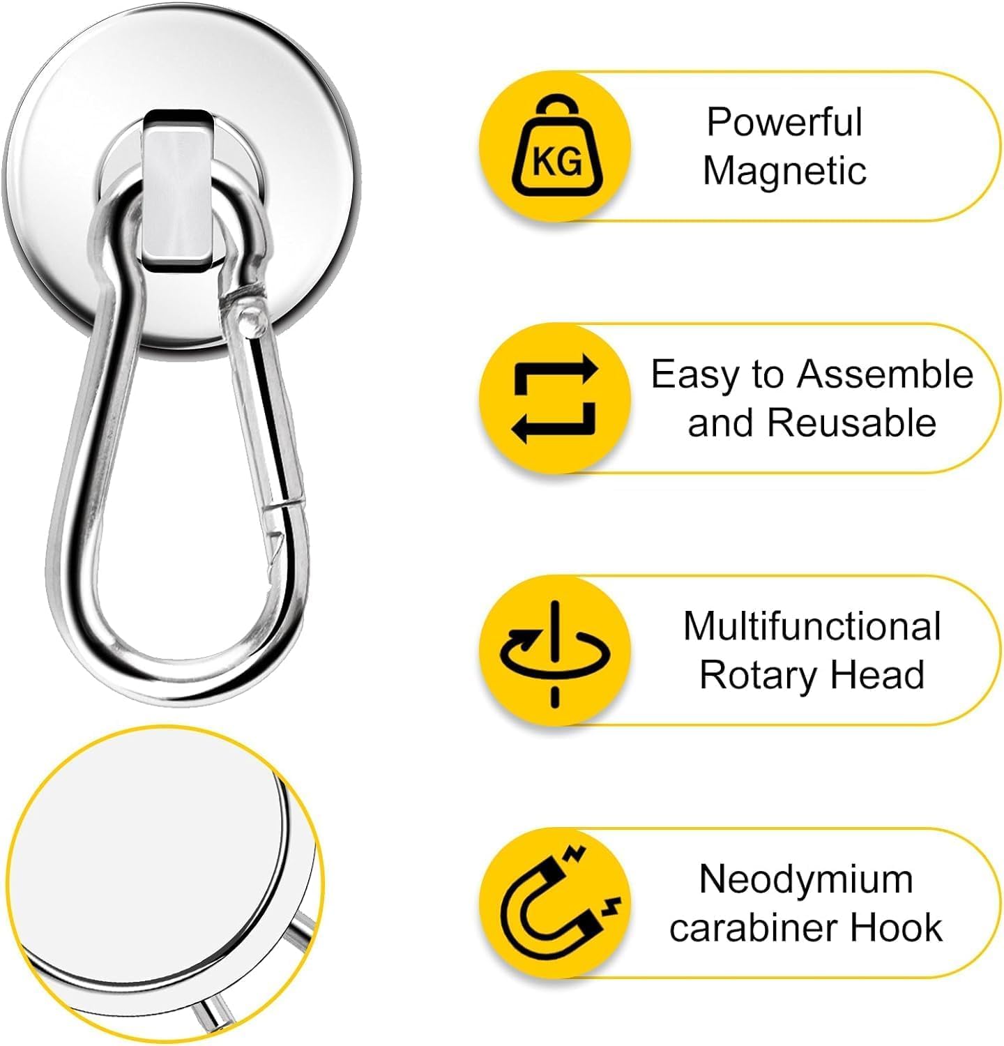 DIYMAG Magnetic Hooks, 110LBS Strong Heavy Duty Neodymium Magnet Hooks with Swivel Carabiner Hook,Great for Your Refrigerator and Other Magnetic Surfaces, Pack of 7