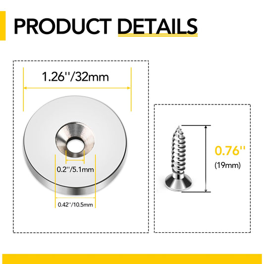 DIYMAG Neodymium Magnets with Hole,30LB Pulling Force Strong Permanent Rare Earth Countersunk Hole Magnet with 10 Screws for Refrigerator,Cruise,Curtain,DIY,Science-1.26 inch x 0.2 inch, Pack of 10