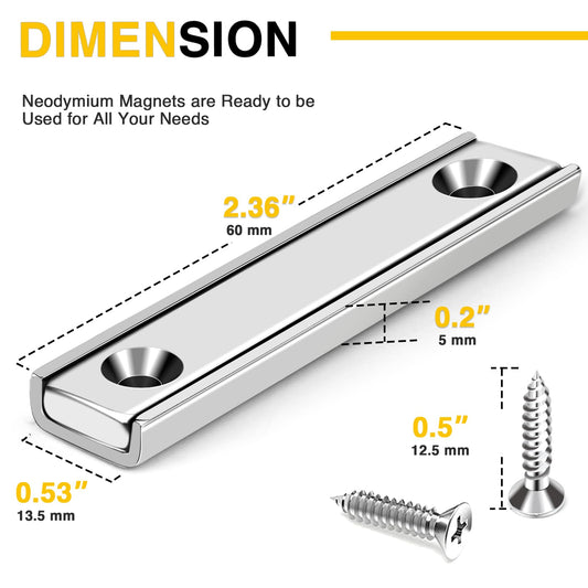 Strong Neodymium Rectangular Pot Magnets with Counter Bore, 80LBS(36 KG) Pulling Force Countersunk Hole Magnets with Mounting Screws - 60x13.5x5mm, Silver Pack of 8