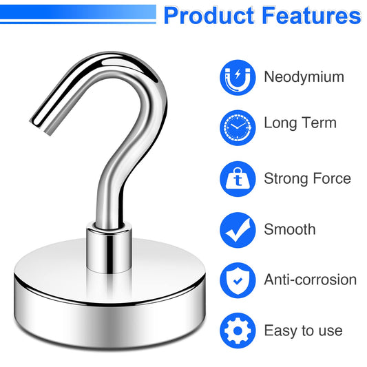 DIYMAG Magnetic Hooks Heavy Duty, 80 LBS Neodymium Magnet Hooks for Home, Kitchen, Workplace, Office, Garage and Indoor Hanging, Silver, Pack of 6