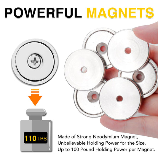 Super Power Rare Earth Cup Magnets, 95 LBS Holding Force, 1.26 inch x 0.236 inch Diameter, Industrial Strength Round Base Neodymium Magnets, Countersunk Hole for Home, Kitchen, Workplace, Pack of 8
