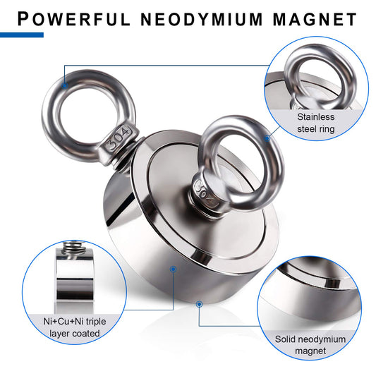 DIYMAG Strong Double Side Neodymium Fishing Magnets,1300 lbs(590KG) Pulling Force Rare Earth Magnet with 20m (65 Foot) Durable Rope and Protective Gloves,for Retrieving in River and Fishing