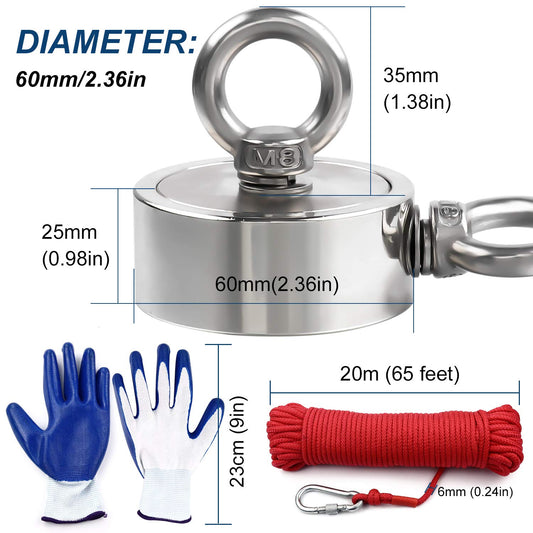 DIYMAG Strong Double Side Neodymium Fishing Magnets,750 lbs(340KG) Pulling Force Rare Earth Magnet with 20m (65 Foot) Durable Rope and Protective Gloves,for Retrieving in River and Magnetic Fish