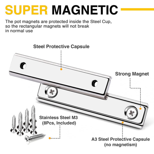 Strong Neodymium Rectangular Pot Magnets with Counter Bore, 80LBS(36 KG) Pulling Force Countersunk Hole Magnets with Mounting Screws - 60x13.5x5mm, Silver Pack of 4