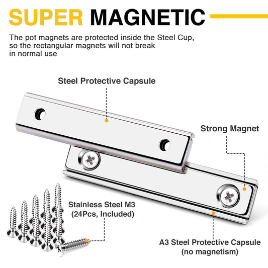 Strong Neodymium Rectangular Pot Magnets with Counter Bore, 80LBS(36 KG) Pulling Force Countersunk Hole Magnets with Mounting Screws - 60x13.5x5mm, Silver Pack of 12