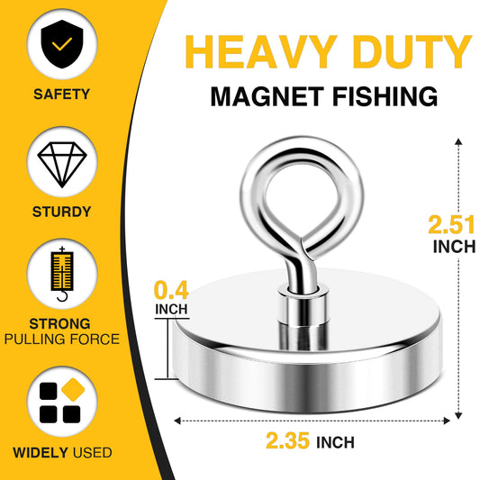DIYMAG Super Strong Neodymium Fishing Magnets, 500 lbs(227 KG) Pulling Force Rare Earth Magnet with Countersunk Hole Eyebolt for Retrieving in River and Magnetic Fishing,Diameter 2.36 inch(60 mm)