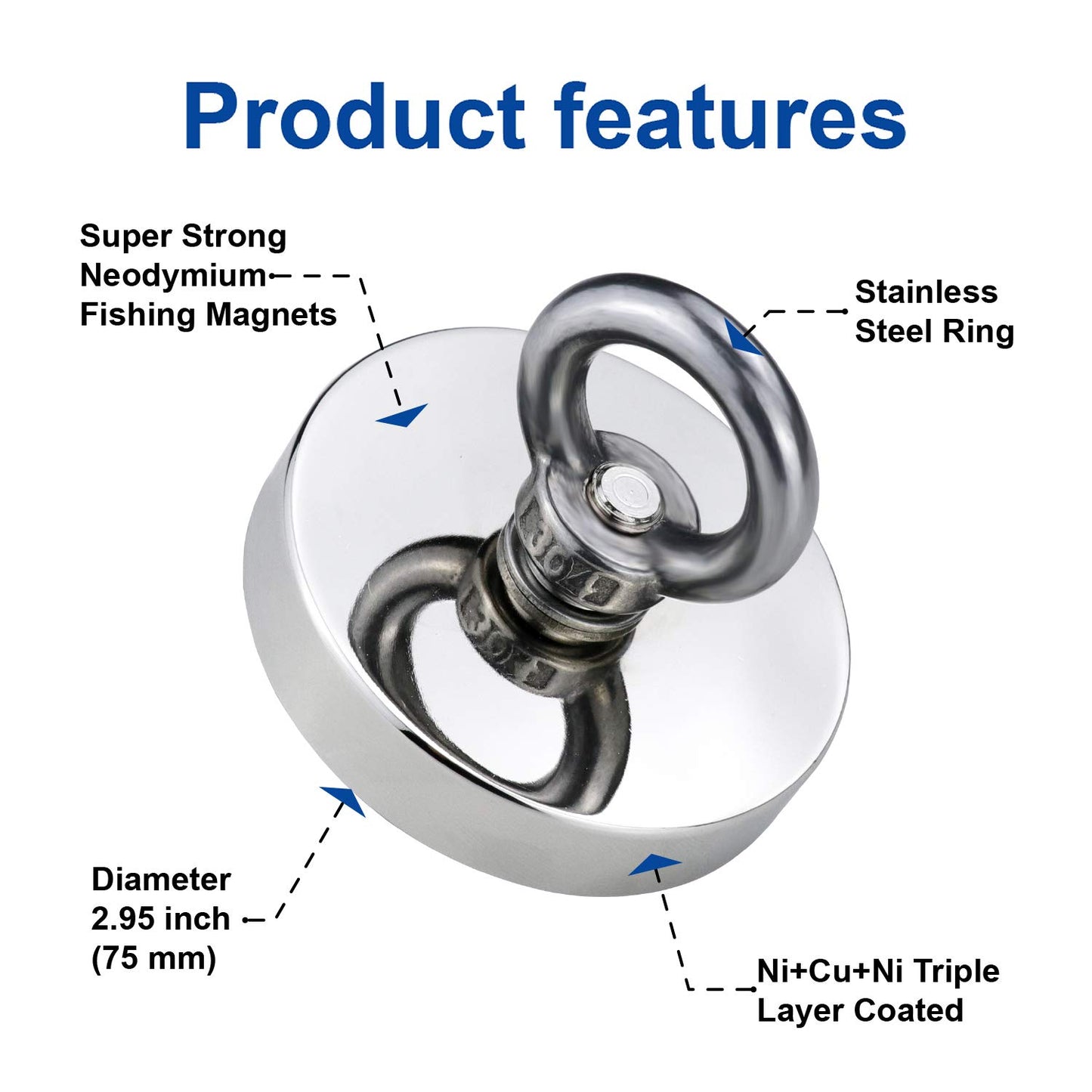DIYMAG Strong Neodymium Fishing Magnets, 700 lbs(318 KG) Pulling Force Rare Earth Magnet with Countersunk Hole Eyebolt Diameter 2.95 inch(75 mm) for Retrieving in River and Magnetic Fishing