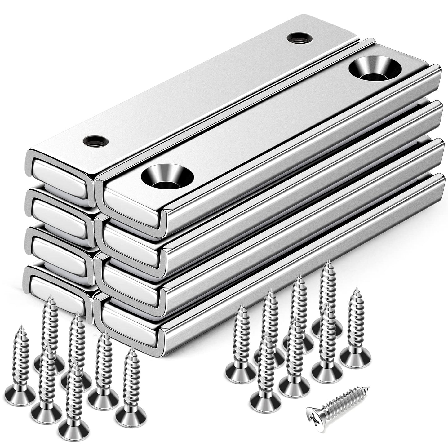 Strong Neodymium Rectangular Pot Magnets with Counter Bore, 80LBS(36 KG) Pulling Force Countersunk Hole Magnets with Mounting Screws - 60x13.5x5mm, Silver Pack of 8