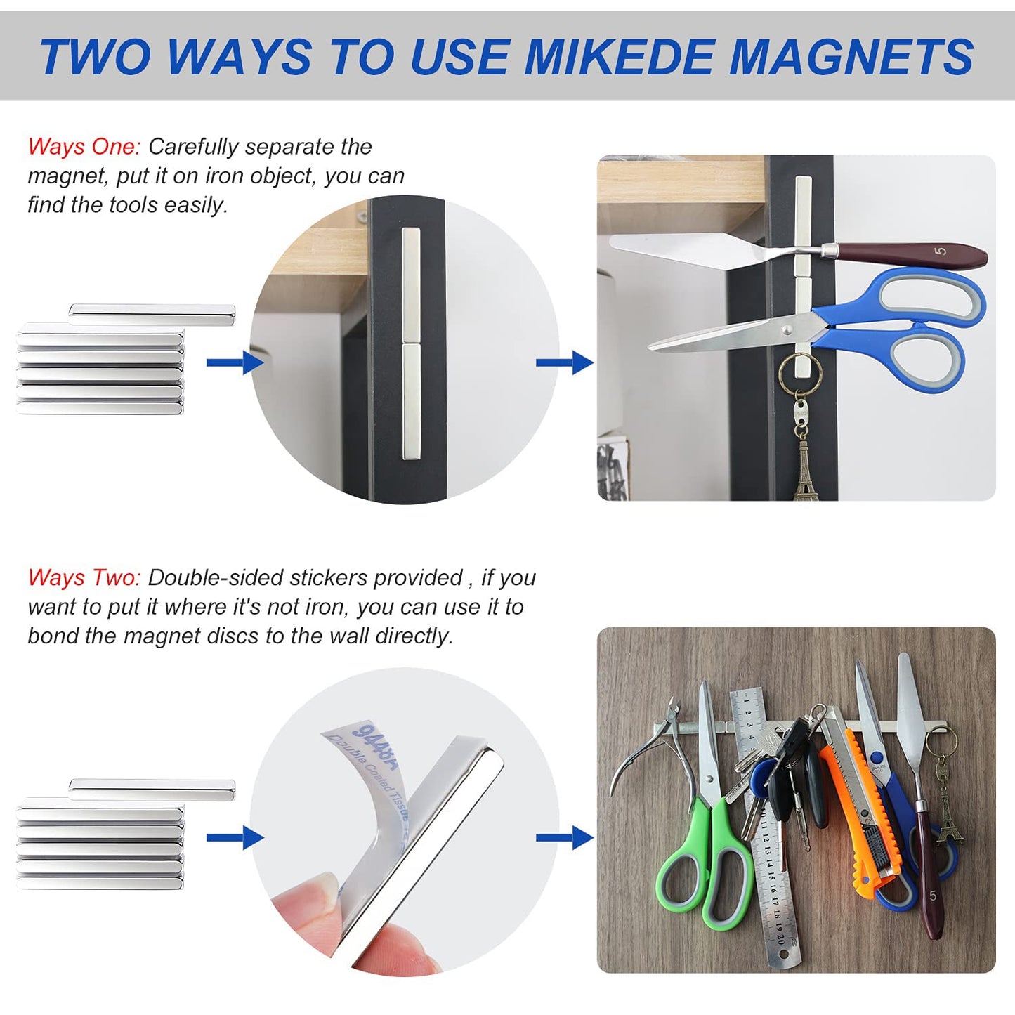 12 Pack Neodymium Bar Magnets with Double-Sided Adhesive, Strong Magnet Heavy Duty Magnetic Strips, Powerful Rare Earth Metal Magnet for Locker, Fridge, Office - 60x10x5 mm