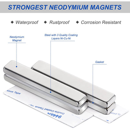 12 Pack Neodymium Bar Magnets with Double-Sided Adhesive, Strong Magnet Heavy Duty Magnetic Strips, Powerful Rare Earth Metal Magnet for Locker, Fridge, Office - 60x10x5 mm