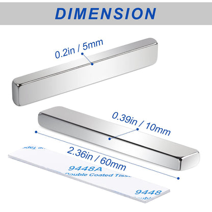 12 Pack Neodymium Bar Magnets with Double-Sided Adhesive, Strong Magnet Heavy Duty Magnetic Strips, Powerful Rare Earth Metal Magnet for Locker, Fridge, Office - 60x10x5 mm
