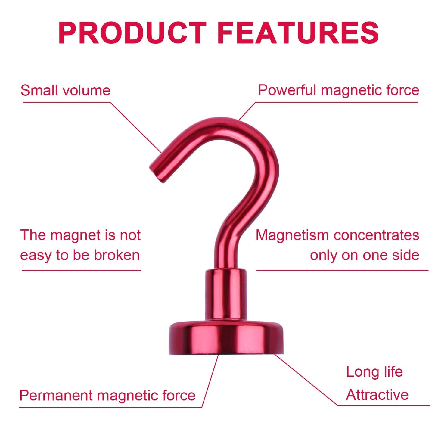 DIYMAG Magnetic Utility Hooks, 30Lbs Heavy Duty Rare Earth Neodymium Magnet Hooks with Nickel Coating for Kitchen, Garage, Cruise, Classroom, Workplace and Office etc, 3 Packs (Red)