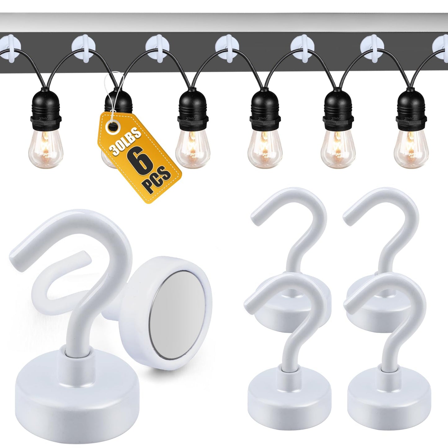 DIYMAG Outdoor Hooks for Hanging String Lights, White Magnetic Hooks Strong 30lbs+ Hanging Party Light Wall Cable 2025 Cruise Cabin Ship Essentials Heavy Duty Strong Magnets for Outside Grill 6PCS