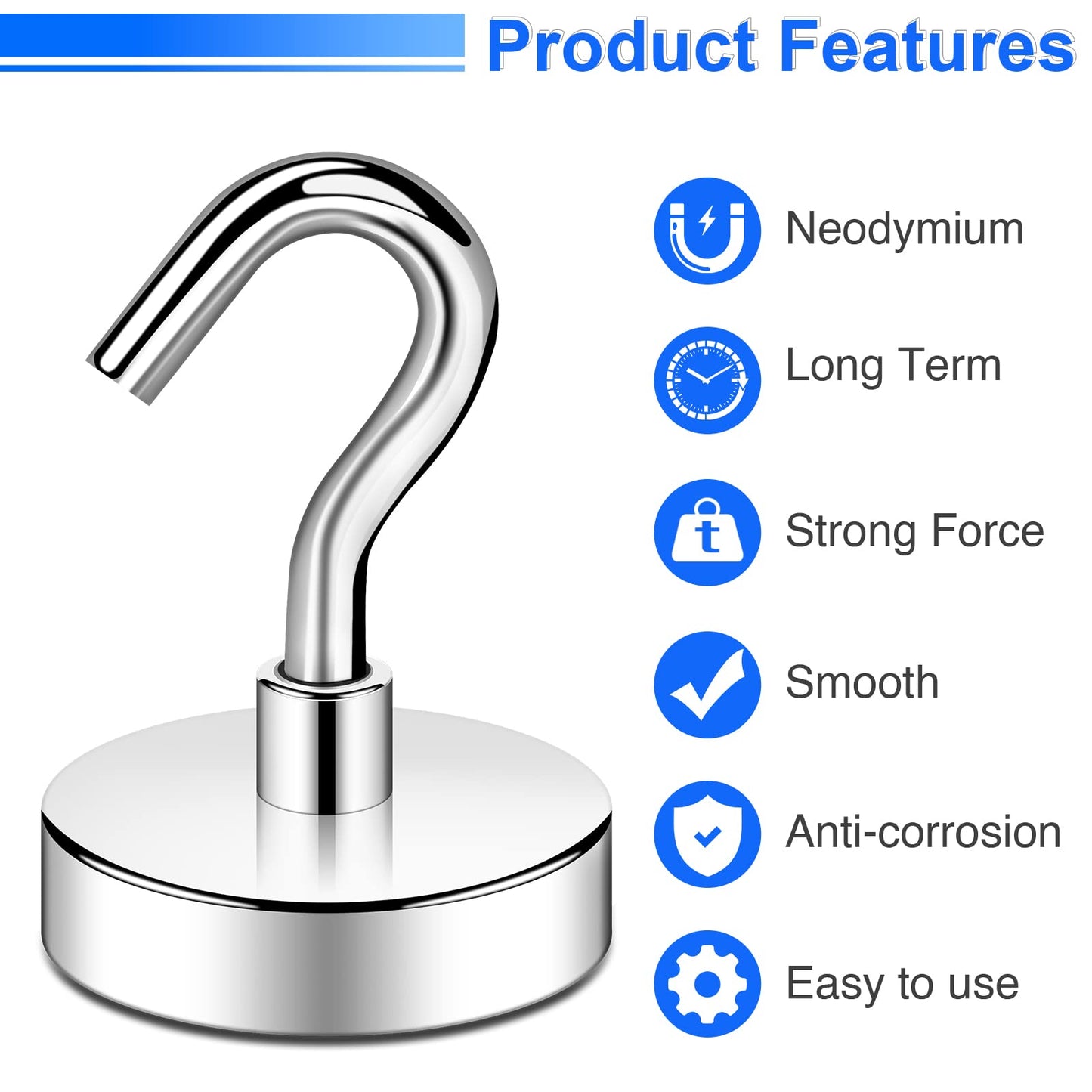 DIYMAG Magnetic Hooks Heavy Duty, 80 LBS Neodymium Magnet Hooks for Home, Kitchen, Workplace, Office, Garage and Indoor Hanging, Silver, Pack of 6