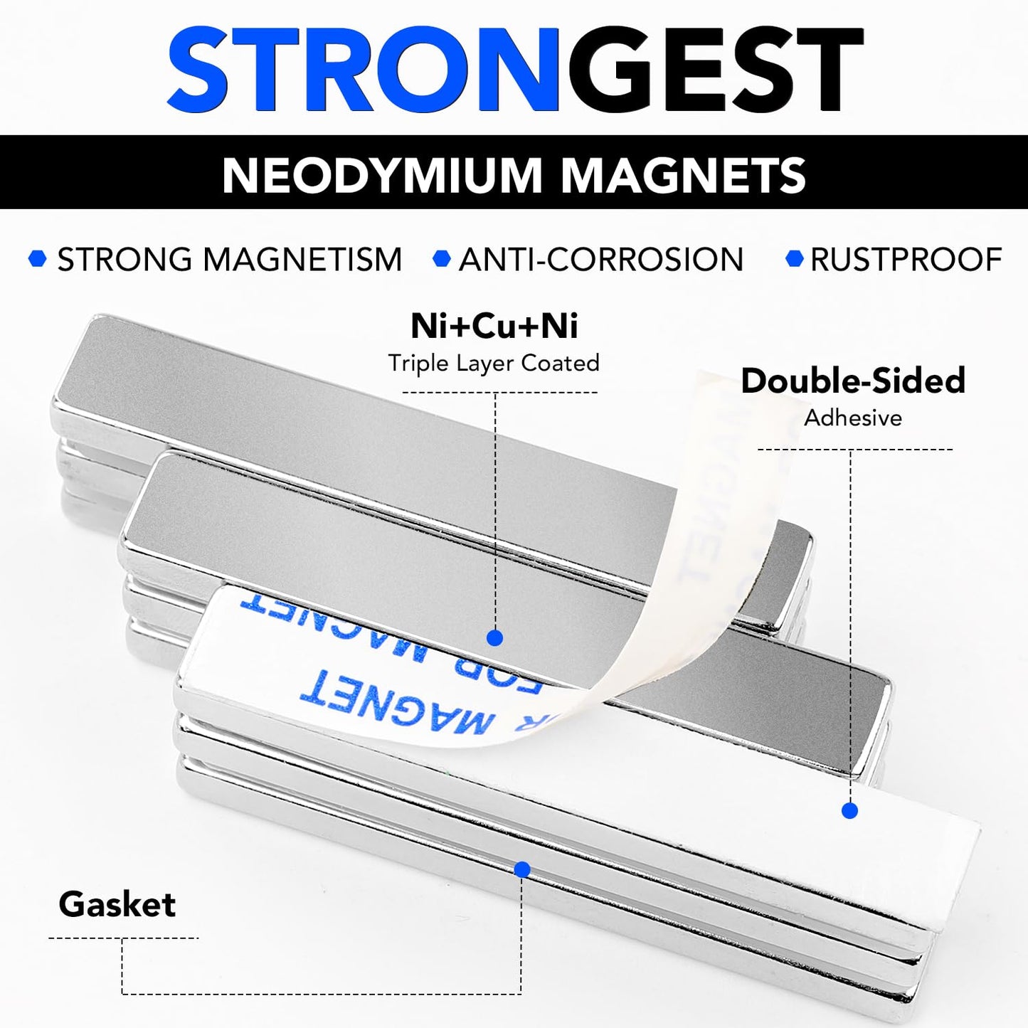 Powerful Neodymium Bar Magnets, Rare-Earth Metal Neodymium Magnet with Adhesive Backing, N52, Incredibly Sticky Back Magnets Strong 33 LB Strength - 60 x 10 x 5 mm, Pack of 10