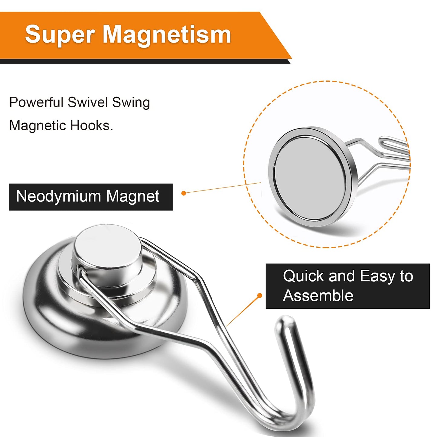 DIYMAG Swivel Swing Powerful Magnetic Hooks, 100LB (7 Pack) Strong Heavy Duty Neodymium Magnet Hooks Great for Grill, Refrigerator, Kitchen, Office-Length 68mm(2.67in), Diameter 32mm(1.26in)