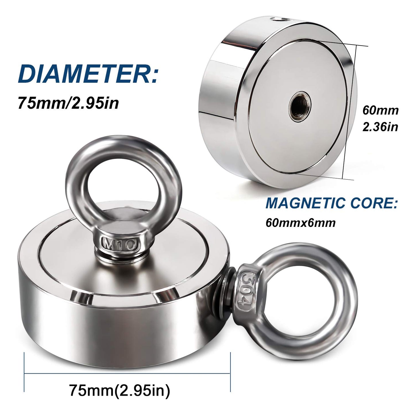 DIYMAG Strong Double Side Neodymium Fishing Magnets,1300 lbs(590KG) Pulling Force Rare Earth Magnet with 20m (65 Foot) Durable Rope and Protective Gloves,for Retrieving in River and Fishing