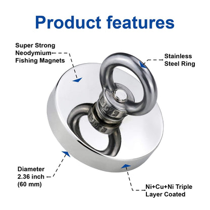 DIYMAG Super Strong Neodymium Fishing Magnets, 500 LBS(227 KG) Pulling Force Rare Earth Magnet with Countersunk Hole Eyebolt Diameter 2.36 INCH(60mm) for Retrieving in River and Magnetic Fishing