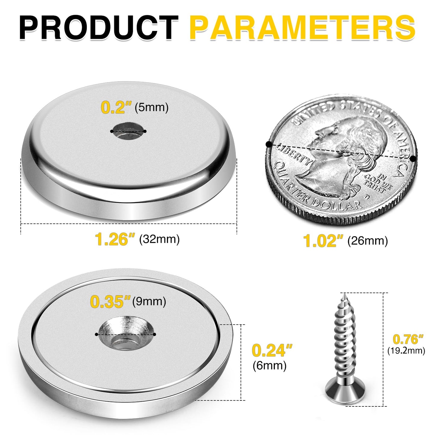 Super Power Rare Earth Cup Magnets, 95 LBS Holding Force, 1.26 inch x 0.236 inch Diameter, Industrial Strength Round Base Neodymium Magnets, Countersunk Hole for Home, Kitchen, Workplace, Pack of 8