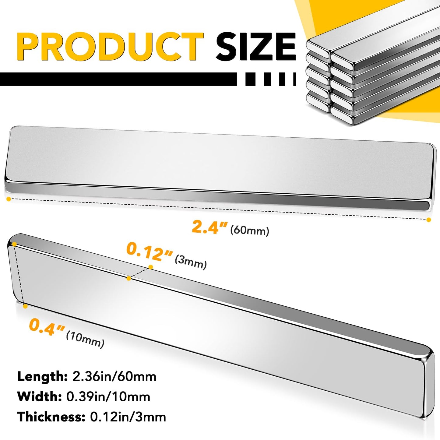 DIYMAG Strong Neodymium bar Magnets with Double-Sided Adhesive, Rare Earth Neodymium Magnet - 60 x 10 x 3 mm, Pack of 16