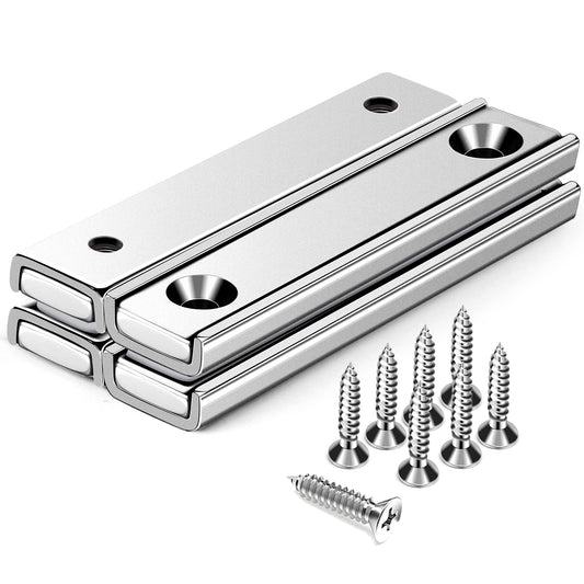 Strong Neodymium Rectangular Pot Magnets with Counter Bore, 80LBS(36 KG) Pulling Force Countersunk Hole Magnets with Mounting Screws - 60x13.5x5mm, Silver Pack of 4