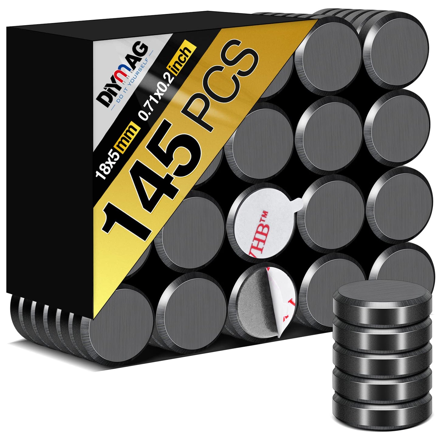 DIYMAG Strong Magnets 145Pcs 0.71x0.2Inch Fridge Refrigerator Magnet for Crafts with Adhesive Backing Magnetic Small Black Button Ceramic Circle Craft Round Heavy Duty Adhesive Neodymium Whiteboard