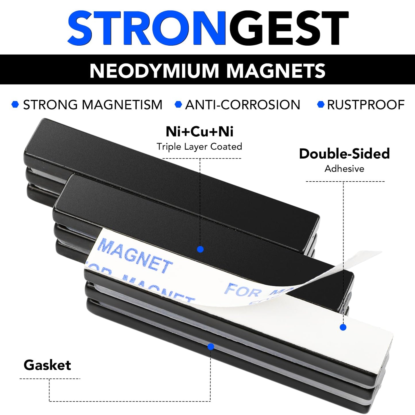 Waterproof Neodymium Bar Magnets with Epoxy Coating, Powerful Permanent Rare Earth Magnets, with Double-Sided Adhesive - 60 x 10 x 5mm, Pack of 8