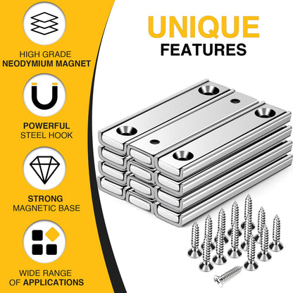 Strong Neodymium Rectangular Pot Magnets with Counter Bore, 80LBS(36 KG) Pulling Force Countersunk Hole Magnets with Mounting Screws - 60x13.5x5mm, Silver Pack of 8