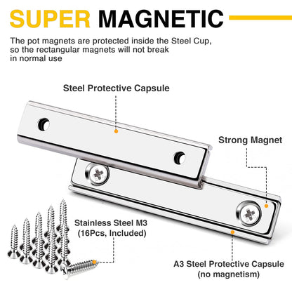 Strong Neodymium Rectangular Pot Magnets with Counter Bore, 80LBS(36 KG) Pulling Force Countersunk Hole Magnets with Mounting Screws - 60x13.5x5mm, Silver Pack of 8