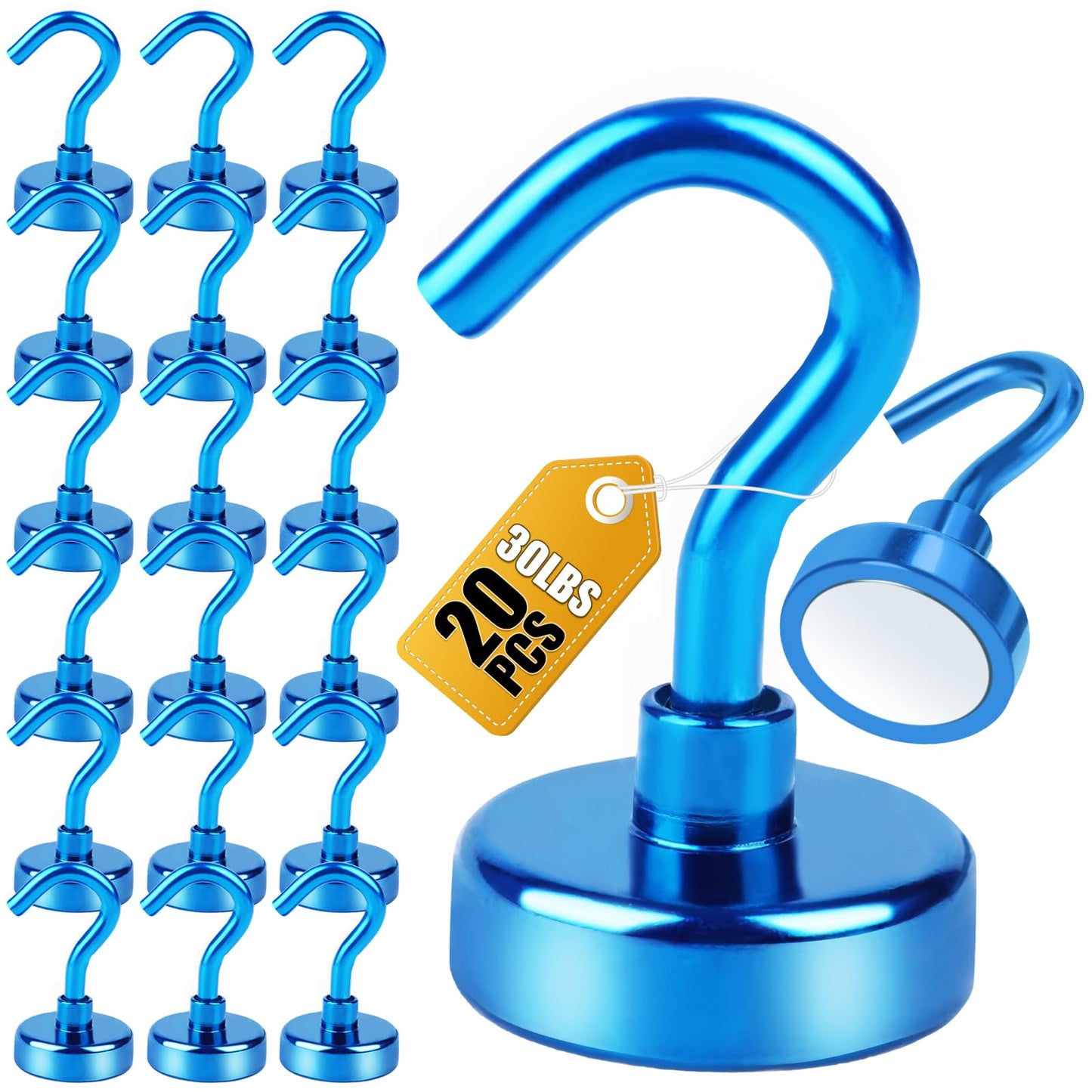 DIYMAG Magnetic Utility Hooks, 30Lbs Heavy Duty Rare Earth Magnet Hooks with Nickel Coating for Kitchen, Garage, Cruise, Classroom, Workplace and Office etc, 3 Packs (Blue)
