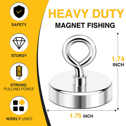 DIYMAG Neodymium Fishing Magnets, 200 lbs(90 KG) Pulling Force Rare Earth Magnet with Countersunk Hole Eyebolt Diameter 1.75 inch(44mm) for Retrieving in River and Magnetic Fishing