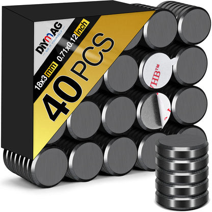 DIYMAG Strong Magnets 40Pcs 0.71x0.12Inch Fridge Refrigerator Magnet for Crafts with Adhesive Backing Magnetic Small Black Button Ceramic Circle Craft Round Heavy Duty Adhesive Neodymium Whiteboard