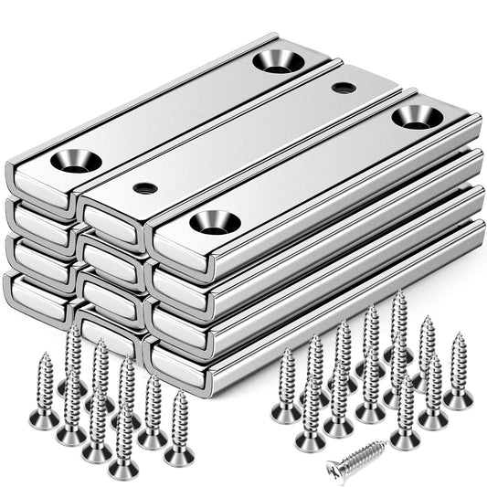 Strong Neodymium Rectangular Pot Magnets with Counter Bore, 80LBS(36 KG) Pulling Force Countersunk Hole Magnets with Mounting Screws - 60x13.5x5mm, Silver Pack of 12