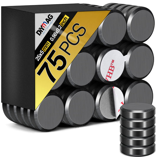 DIYMAG Strong Magnets 75Pcs 0.98x0.2Inch Fridge Refrigerator Magnet for Crafts with Adhesive Backing Magnetic Small Black Button Ceramic Circle Craft Round Heavy Duty Adhesive Neodymium Whiteboard