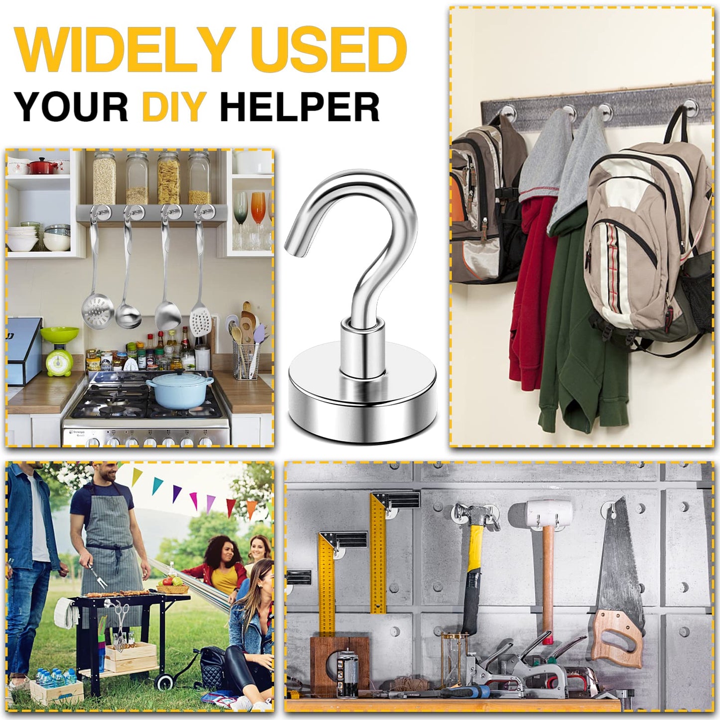 DIYMAG Hooks for Hanging String Lights, 30lbs 2025 Cruise Cabin Ship Essentials N52 Magnetic Hook Heavy Duty Strong Magnets Fridge for Classroom Beach Vacation Kitchen Grills 6 Pack Silver-UPC:850077560026