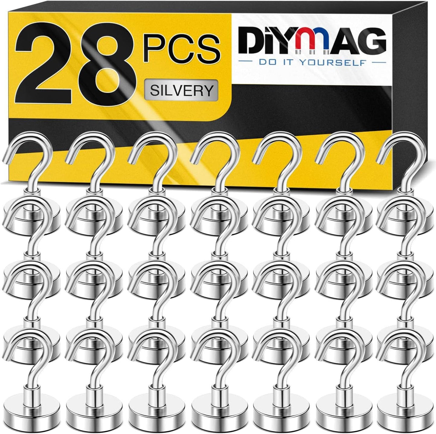 DIYMAG Magnetic Hooks for Hanging Cubicle Accessories, 30lbs 2025 Cruise Cabin Ship Essentials N52 Magnetic Hook Heavy Duty Strong Magnets Fridge for Classroom Beach Kitchen Grills 28 Pack Silver