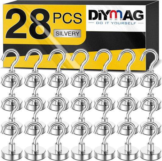 DIYMAG Magnetic Hooks for Hanging Cubicle Accessories, 30lbs 2025 Cruise Cabin Ship Essentials N52 Magnetic Hook Heavy Duty Strong Magnets Fridge for Classroom Beach Kitchen Grills 28 Pack Silver