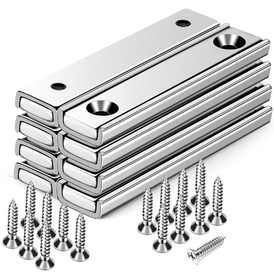 Strong Neodymium Rectangular Pot Magnets with Counter Bore, 80LBS(36 KG) Pulling Force Countersunk Hole Magnets with Mounting Screws - 60x13.5x5mm, Silver Pack of 8
